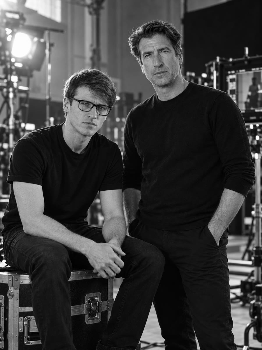 Jérôme Bernard and Benoît Mallory on a film set, in black and white